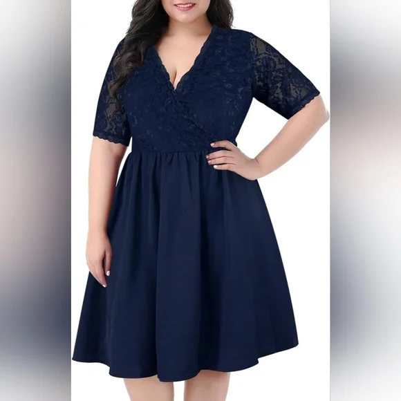 Dresses | Womens Half Sleeves Vneckline Lace Top Plus Size Cocktail Party Swing  Dress | Poshmark